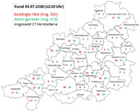 Die Verteilung der Coronafälle im Landkreis Mühldorf. (Grafik: LRA Mühldorf) Karte Mue Corona